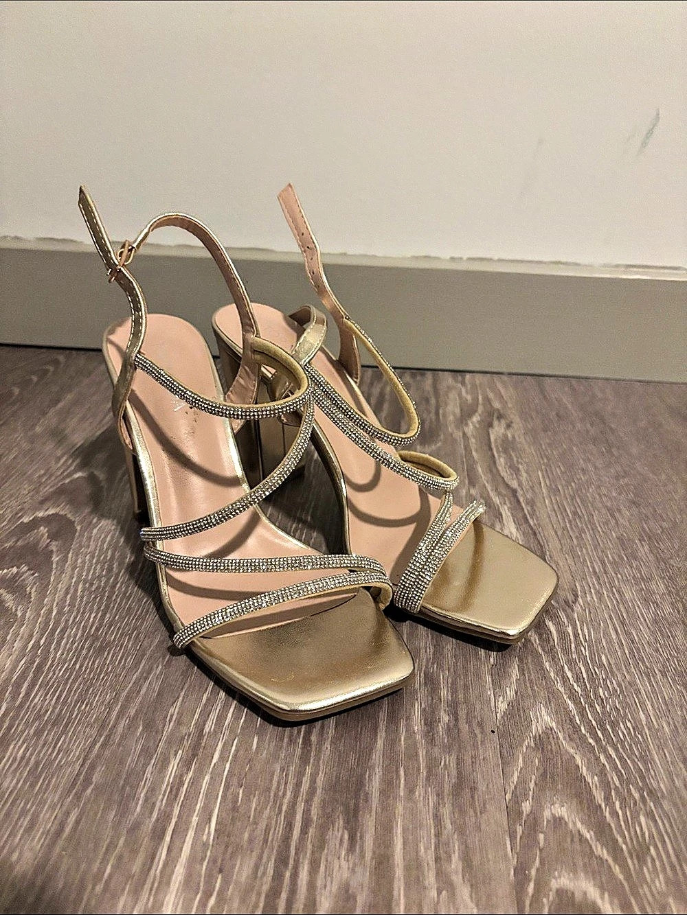 Gold Strappy Block Heel Sandals Like New
